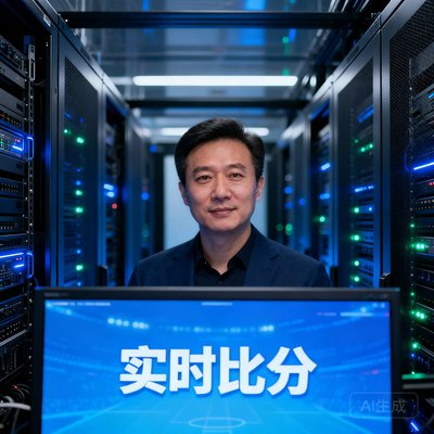 首席技术官陈晓在数据中心，屏幕显示实时比分