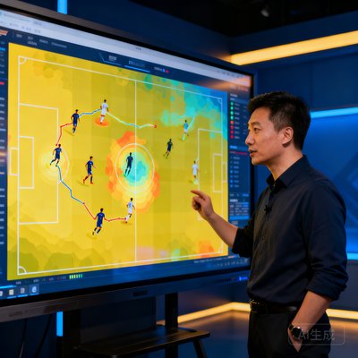 数据科学家李伟分析比赛热力图，大屏显示球员跑动
